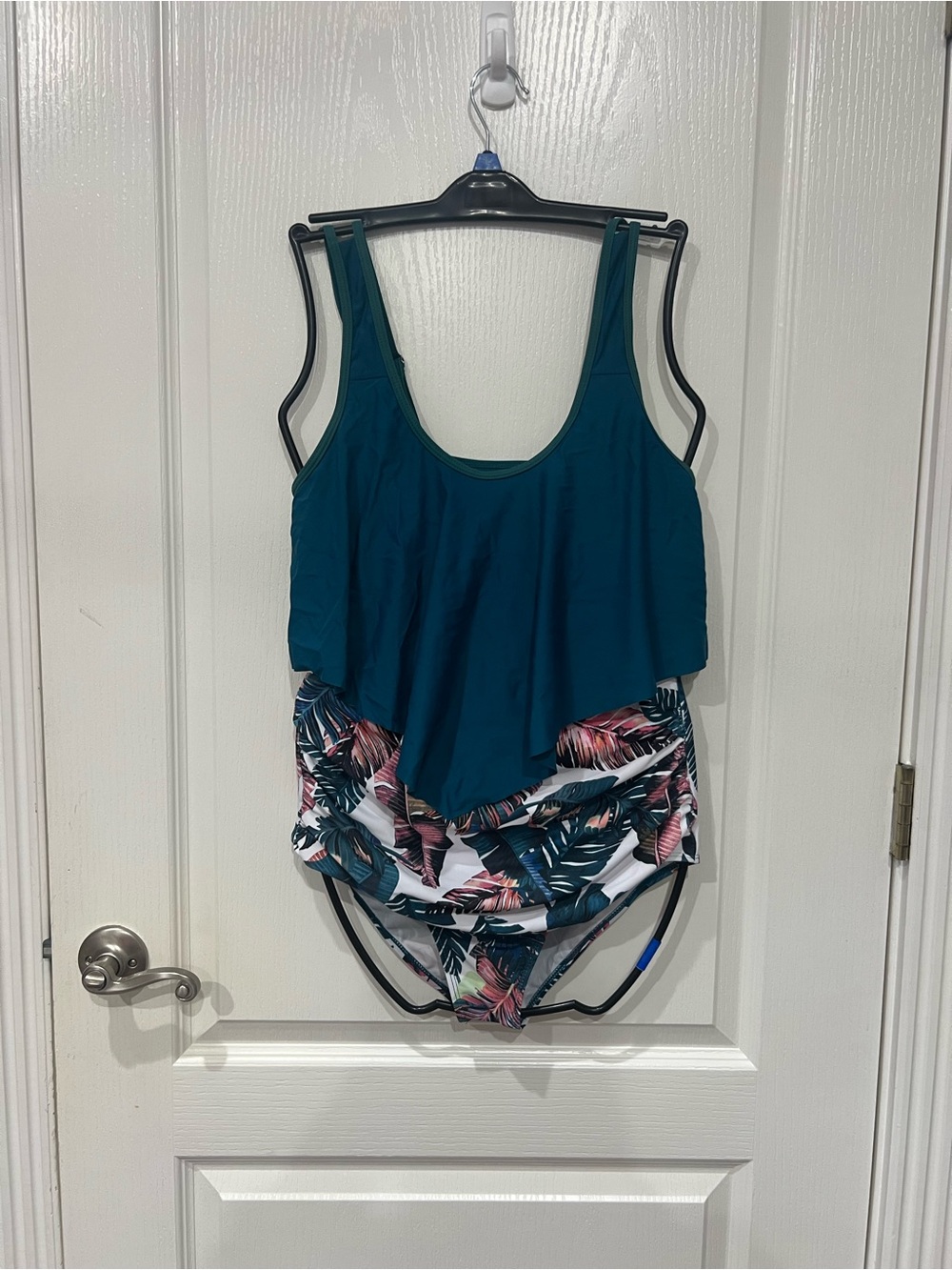 Teal Flounce Two-Piece Swimsuit with Tropical Print